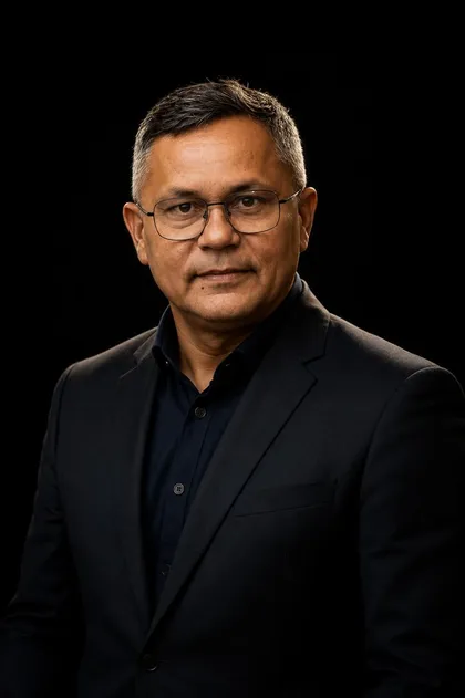 Retrato de Miguel Arcanjo Lopes Neto, de terno escuro, sobre fundo preto